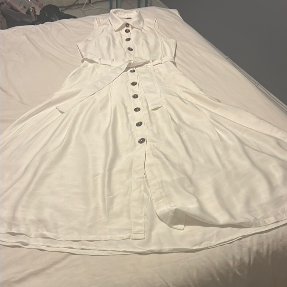 Reiss Cream Buttoned Midi Sundress with Dress Shirt Collar